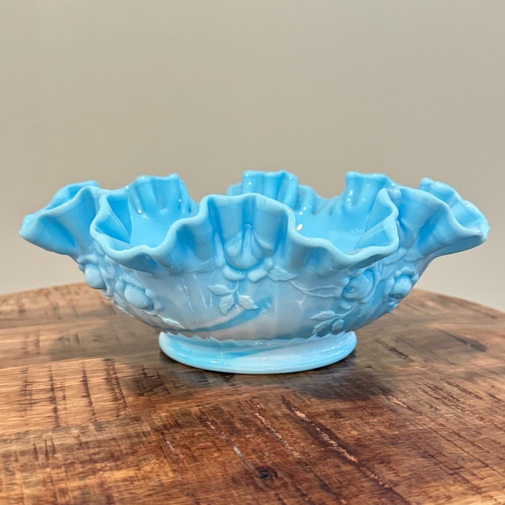 Fenton Large Cabbage Rose Fruit Serving Bowl 9” Blue Swirl Ruffled Edge Floral